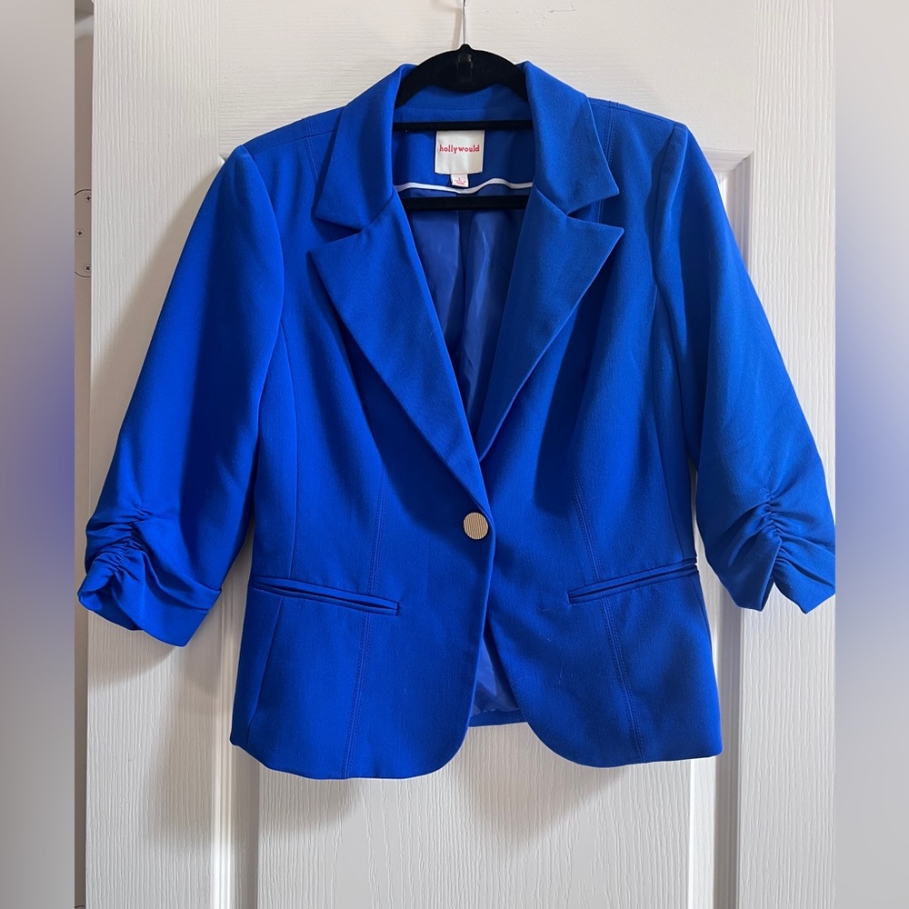 Hollywould Women's Cobalt Tailored Blazer with Ruched 3/4 Sleeves
